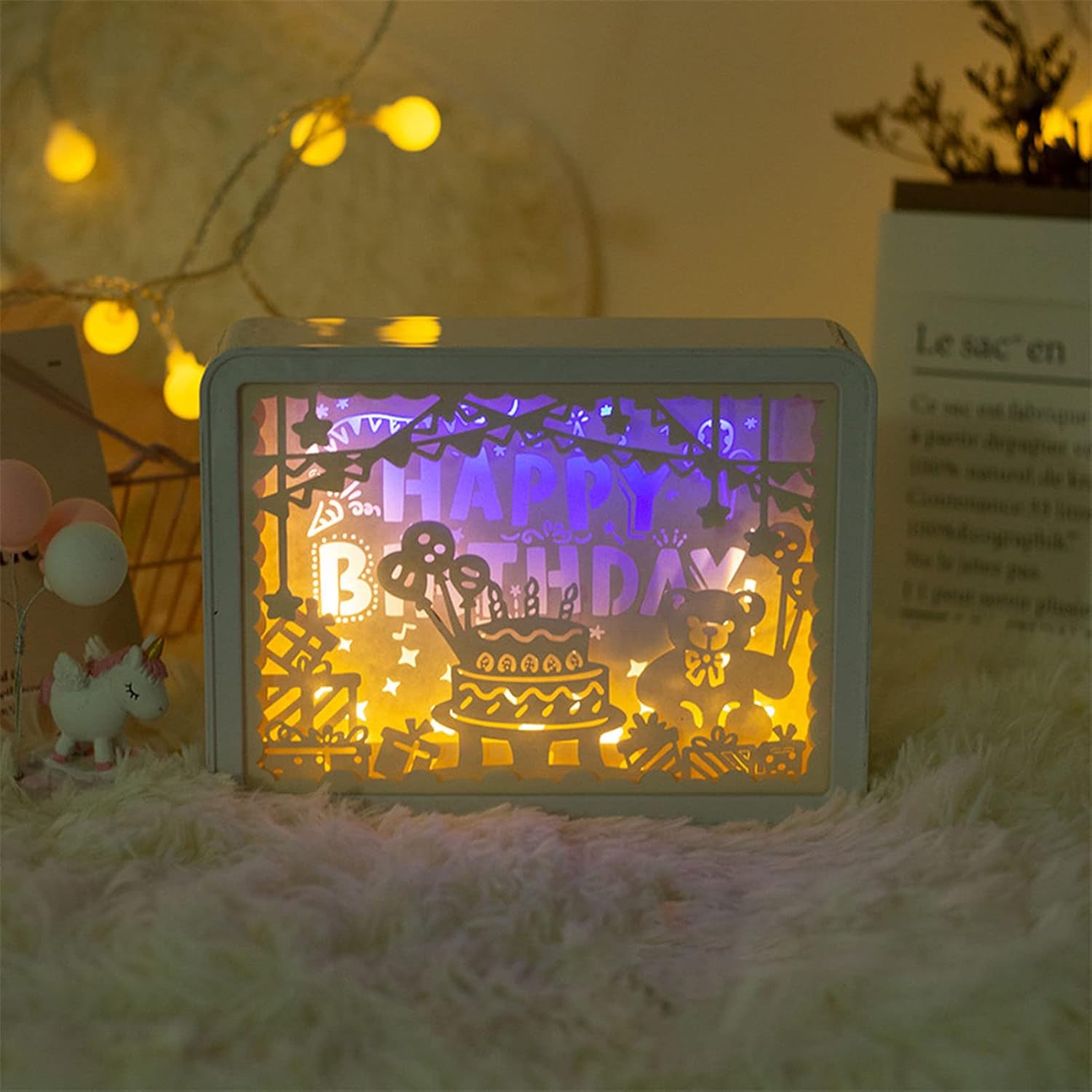 Lampa decorativa de noptiera, Zola®, cu decupaje din hartie 3D, iluminare de fundal, alimentare retea/baterii, dreptunghiulara, 15x20x5 cm, model Happy Birthday Lampa decorativa de noptiera, Zola®, cu decupaje din hartie 3D, iluminare de fundal, alimentare retea/baterii, dreptunghiulara, 15x20x5 cm, model Happy Birthday
